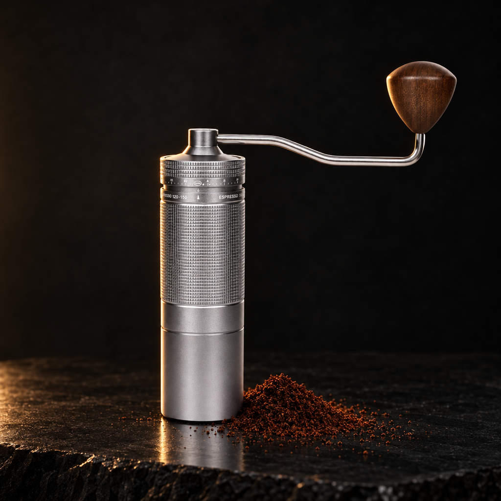 Manual coffee grinder in a dark studio with freshly ground coffee