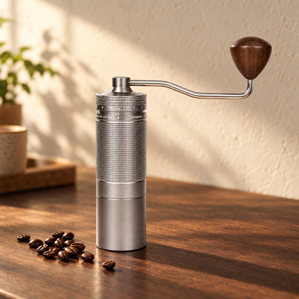 Manual coffee grinder on a walnut table in morning light