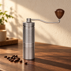 Manual coffee grinder on a walnut table in morning light