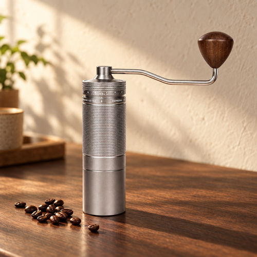Manual coffee grinder on a walnut table in morning light