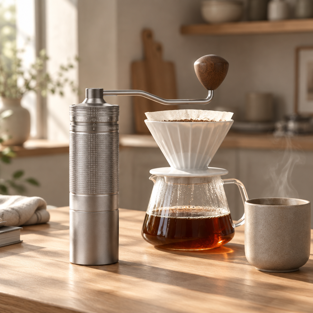 Manual coffee grinder beside a pour-over and a cup of coffee