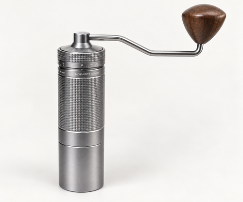 RITULAR Precision Manual Grinder in Titanium Grey, side view on a light background